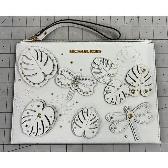 Michael Kors Jet Set Dragonfly White Wristlet Clutch NWOT Leather - Picture 6 of 6